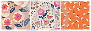 Set of modern exotic floral jungle pattern. Collage contemporary seamless pattern. Hand drawn fashion style pattern.