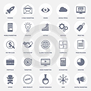 Set of modern flat design icons for internet marketing, media and business