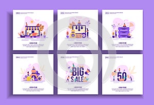 Set of modern flat design templates for Business, delivery, cost reduction, big data, success, big sale, discount sale. Easy to