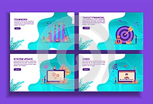 Set of modern flat design templates for Business, teamwork, target financial, system update, video. Easy to edit and customize.