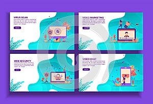 Set of modern flat design templates for Business, virus scan, video marketing, web security, video chat. Easy to edit and