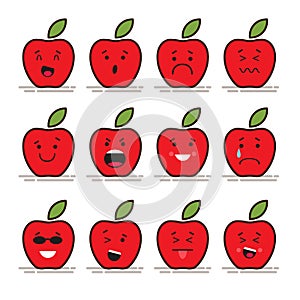 Set of 12 modern flat emoticons: Red apple with leaf, food, fruit, smile, sadness and other emotions. Vector