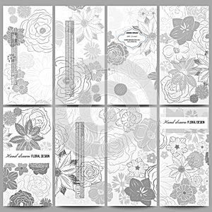 Set of modern flyers. Hand drawn floral doodle pattern, abstract vector background