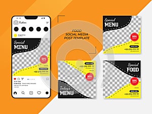Set of modern food social media post template with yellow and black color