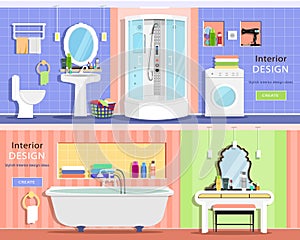 Set of modern graphic bathroom interiors: bath, showers cabin, washbasin, mirror, toilet, dressing table.