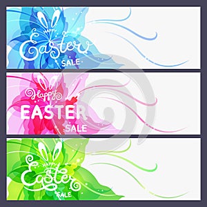 Set of modern Happy Easter cards. Hand drawn Happy Easter sale lettering on abstract flower background.