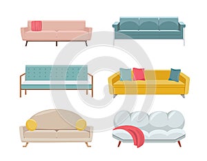 Set of Modern House or Office Furniture, Different Sofa Classic or Retro Style. Two or Three Seat and Couch Design