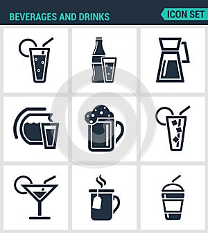 Set of modern icons. Beverages and drinks shake, martini, bottle, bar, cocktail, alcohol, glass, soda, juice drink Black