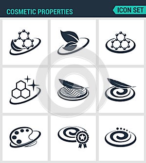 Set of modern icons. Cosmetic properties formula, lightness, softness, texture, color, improved. Black signs