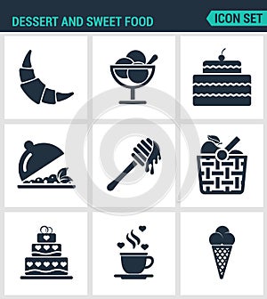 Set of modern icons. Dessert and sweet food croissant, dessert, cake, fruit salad, honey, apple, basket, coffee, ice creams
