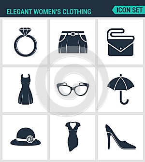Set of modern icons. Elegant women s clothing ring, skirt, bag, clutch, dress, glasses, umbrella, hat, shoes. Black signs
