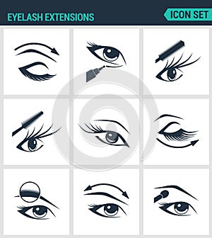 Set of modern icons. Eyelash extensions eyelashes, eyes, mascara, eye shadow, eyebrow, eyeliner, increase. Black signs