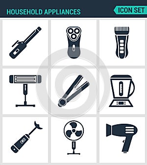Set modern icons. Household Appliances hair dryers, curling irons, electric shavers, shaving machine, heater, blender, food