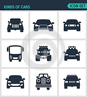 Set of modern icons. Kinds of cars, suv, car, bus, muskulkar, b gfut taxi biznes avtomobil retrocars. Black signs