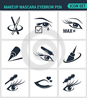 Set of modern icons. Makeup mascara eyebrow pen Care for lashes, eyeliner, mascara, pencil. Black signs