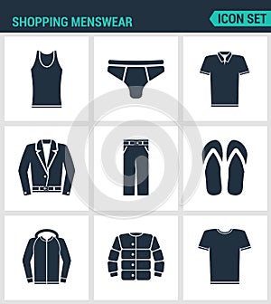 Set of modern icons. Shopping menswear T-shirt, skirts, pants, sneakers, leather jacket, shirt, jacket. Black signs photo