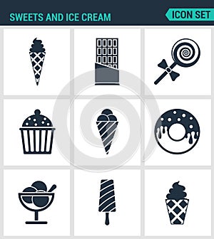 Set of modern icons. Sweets and ice cream ice creams, chocolate, candy, cake, Donuts, dessert, popsicle. Black signs