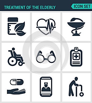 Set modern icons. Treatment the elderly medicine, heart palpitations, pharmacy, disabled person, glasses, list pills, phone