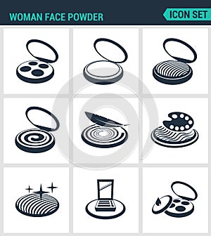 Set of modern icons. Woman face powder, reticulation, blush, eye shadow. Black signs on a white background. Design isolated
