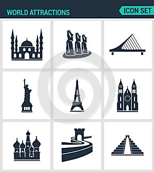 Set of modern icons. World attractions Mosque, rapa nui, Bridge, Statue Liberty, Eiffel Tower, Church, Wall, Pyramid. Black