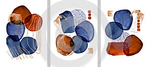 Set of Modern illustration with watercolor circles, stains, gold lines, powder, brush strokes. Blue, brown transparent circles for