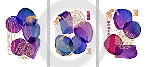 Set of Modern illustration with watercolor circles, stains, gold lines, powder, brush strokes. Blue, brown transparent circles for