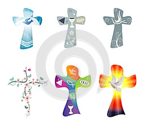 Set modern isolated Christian crosses. Cross collection with symbols of Christianity. Religious signs