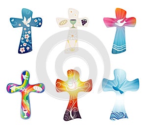 Set modern isolated Christian crosses. Cross collection with symbols of Christianity. Religious signs. VECTOR