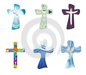 Set modern isolated Christian crosses. Religious signs. Cross collection with symbols of Christianity