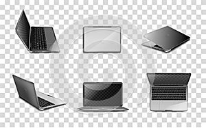 Set of modern laptops. Realistic mock-up in different angles on a transparent background