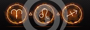 Set of modern magic witchcraft astrology neon fire zodiac signs in glowing spheres. Aries, Leo and Sagittarius neon sign.