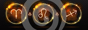 Set of modern magic witchcraft astrology neon fire zodiac signs in glowing spheres. Aries, Leo and Sagittarius neon sign.