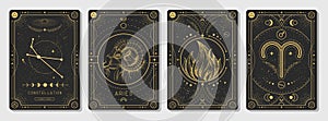 Set of Modern magic witchcraft cards with astrology Aries zodiac sign characteristic.