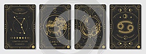Set of Modern magic witchcraft cards with astrology Cancer zodiac sign characteristic.