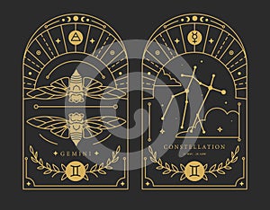 Set of Modern magic witchcraft cards with astrology Gemini zodiac sign characteristic.