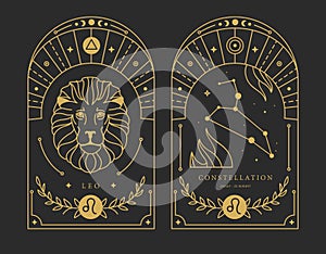 Set of Modern magic witchcraft cards with astrology Leo zodiac sign characteristic.