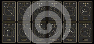 Set of Modern magic witchcraft cards with astrology zodiac constellations in the night sky. Zodiac characteristic. Zodiac icons.