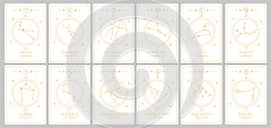 Set of Modern magic witchcraft cards with astrology zodiac constellations in the sky. Zodiac characteristic. Zodiac icons.