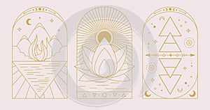 Set of Modern magic witchcraft cards with Four elements and lotus. Line art occult illustration