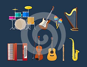 Set of modern musical instruments: percussion, string, brass instruments.