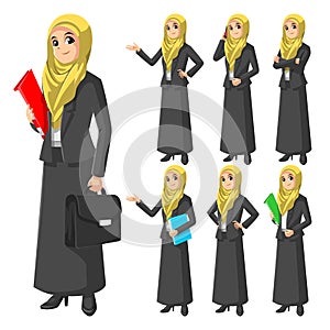 Set of Modern Muslim Businesswoman Wearing Yellow Veil or Scarf