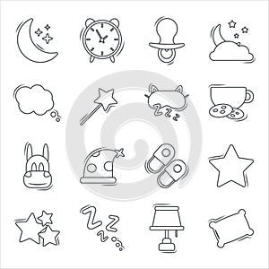 Set of modern outline vector flat baby icons on the topic of sleep time. Cute decorations for baby items and room. Image of the