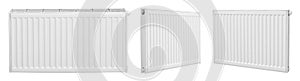 Set with modern panel radiators on white background, banner design. Heating system