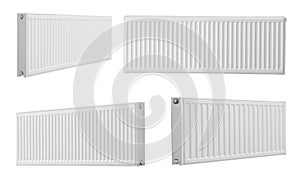 Set with modern panel radiators on white background. Heating system