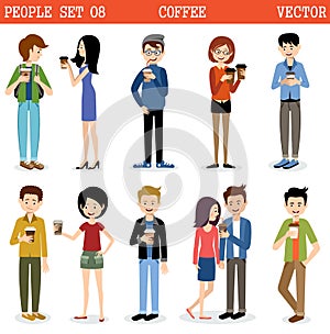 Set of modern people with paper glasses of coffee. vector