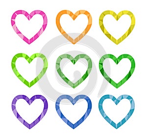Set of modern polygonal frame hearts, bright halftone decorative elements