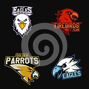 Set of modern professional logo for sport team. Eagles, firebirds, parrots mascot Vector symbol on a dark background