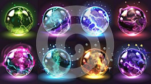 Set of modern realistic glass globes, glowing orbs for fortune tellers and magicians. With lightning, energy bursts