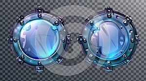 Set of modern realistic round glass windows with metal frames and rivets, isolated on transparent background, for a