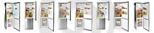 Set of modern refrigerators with food on white